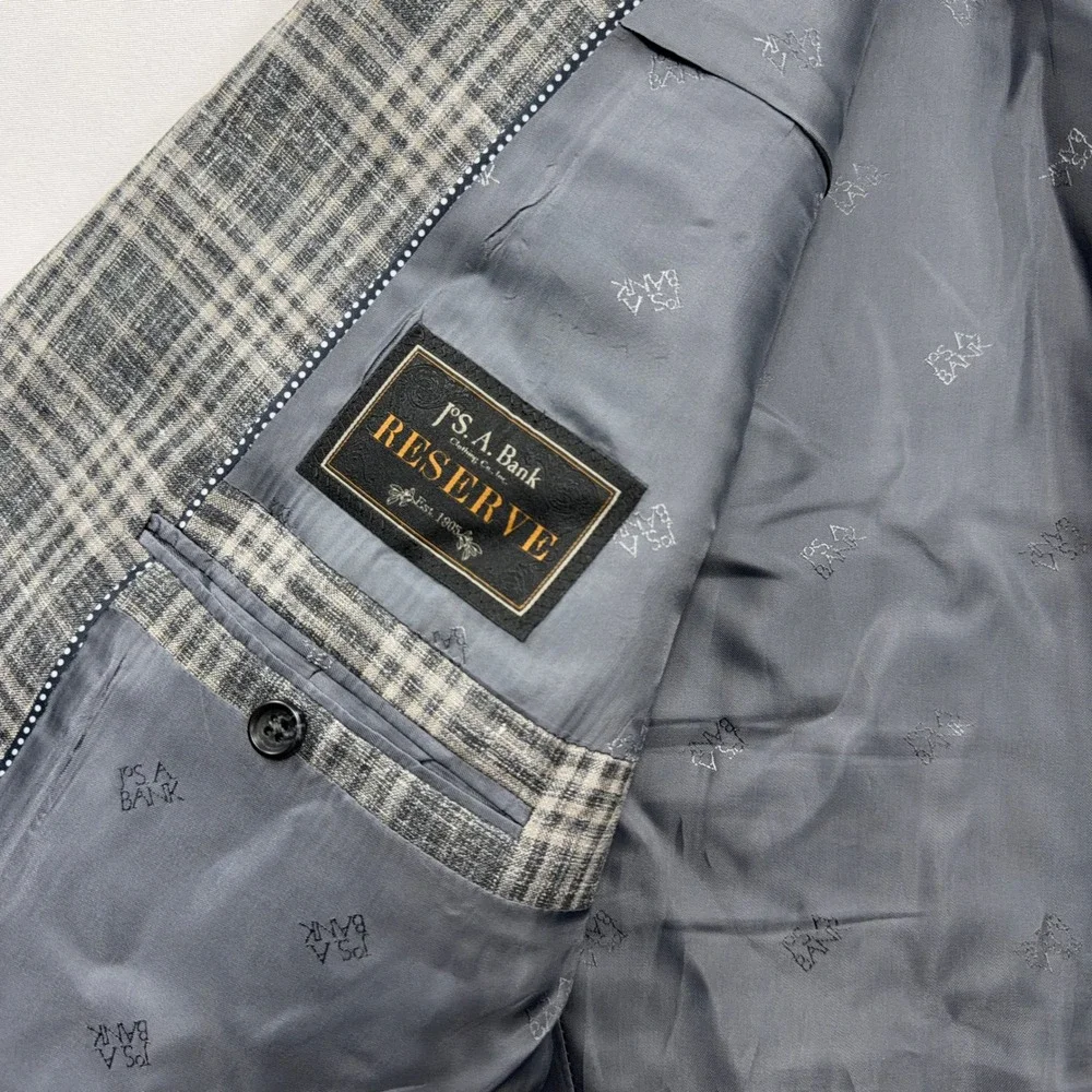 Jos. A. Bank Sport Coat Reserve E. Thomas Silk Wool Linen Plaid Grey Mens 50R